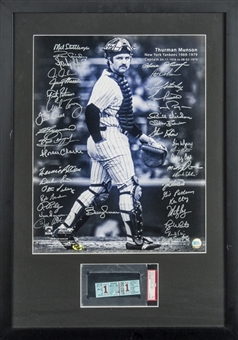 Thurman Munson 16x20 Mult-Signed Photo With 39 Signatures and Original Full Ticket (PSA/DNA MINT 9) From His Final Game (PSA/DNA)